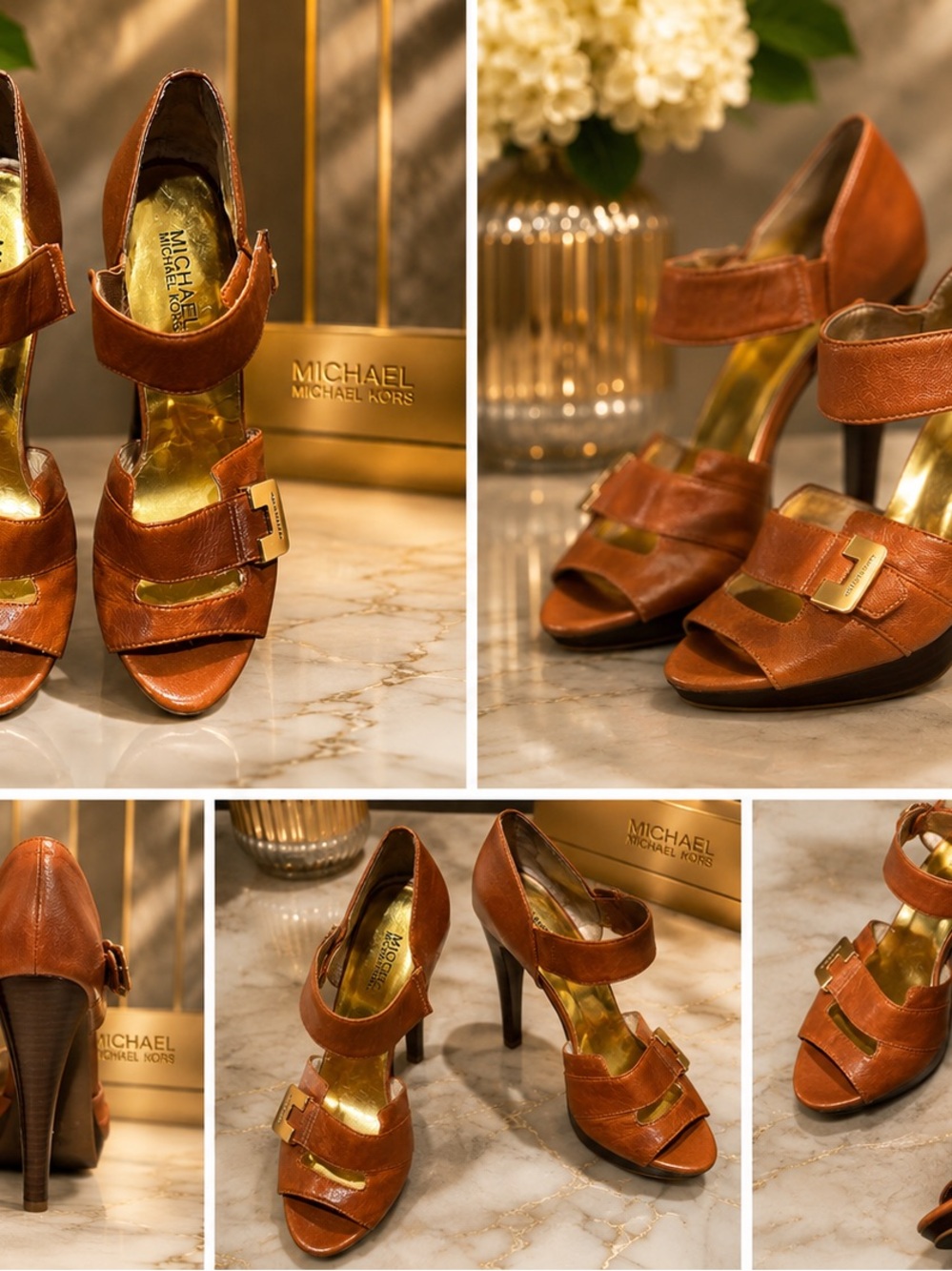 Michael Kors Tan Leather Peep-Toe Stiletto Sandals with Gold Buckle